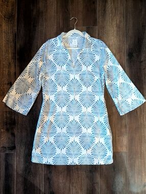 joie blue linen dress Joie Linen Blend Tropical Midi Dress Blue Cream Smocked Back Pockets Resort 14